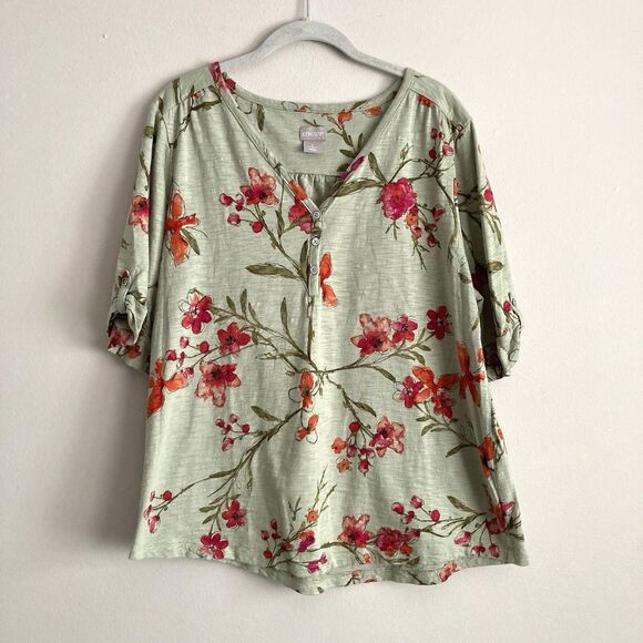 Chicos Womens Green Floral Henley Shirt Size 3 XL Short Sleeves Cotton Modal - Picture 1 of 11